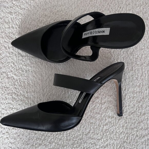 Manolo Blahnik Shoes - MANOLO BLAHNIK SUSA 105 Black Leather Mules Heels Pumps